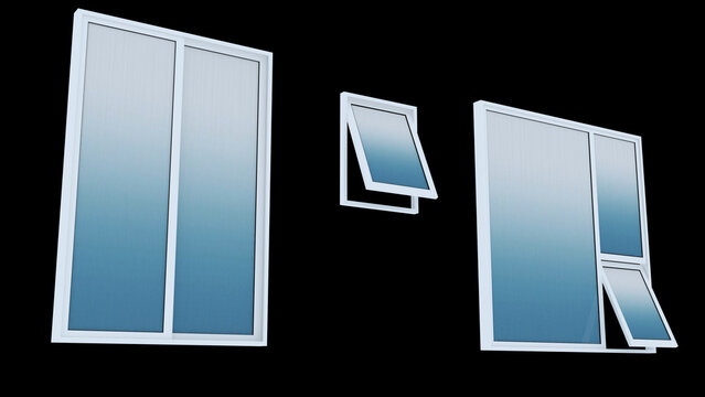 Modern white framed frosted glass window set with fixed and awning panels. Clean architectural design for residential buildings, contemporary interiors, facades, construction and visualization.