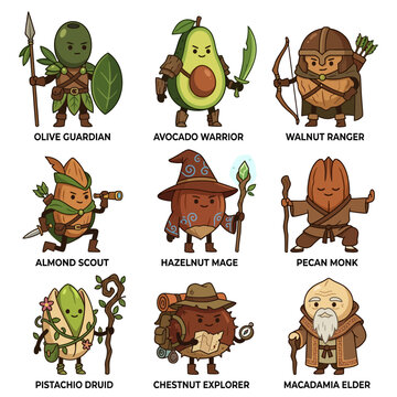 Cute nut and seed fantasy character collection with RPG classes.