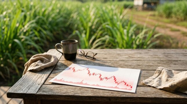 A financial graph showing a downward trend rests on a wooden table next to a cup of coffee and glasses