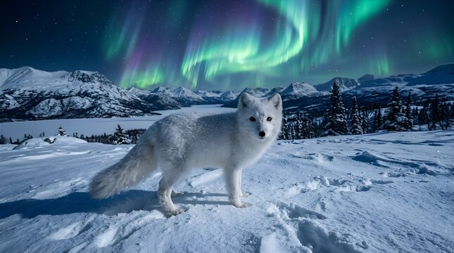 Majestic white arctic fox stands cautiously in fresh powder snow with vibrant glowing emerald aurora borealis lights illuminating the cold crisp night sky above mountainous terrain