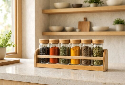 Organized spice jars displayed on wooden kitchen shelf organizer