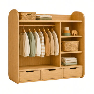 Modern Kids Storage Wardrobe With Open Wooden Organization System