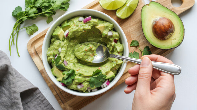 Fresh chunky guacamole in white bowl with onion cilantro and person holding silver spoon.