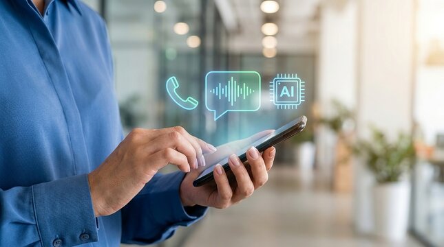 Businesswoman using AI voice assistant and speech recognition on smartphone