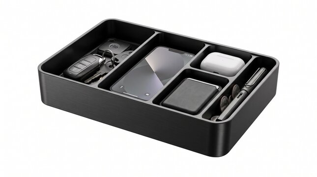 Minimalist black valet tray for everyday carry items, modern desk organizer with smartphone and accessories, sleek plastic storage box for tech gear