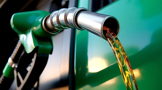 Close up of a green fuel pump nozzle pouring golden gasoline into a vehicle tank with a blurred green background, representing automotive energy