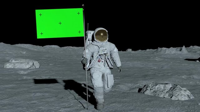 Lunar astronaut walks on the moon with green screen flag, placing a flag pole on the Moon surface, and salutes. You can track and add your flag with your logo. 3d rendering animation.