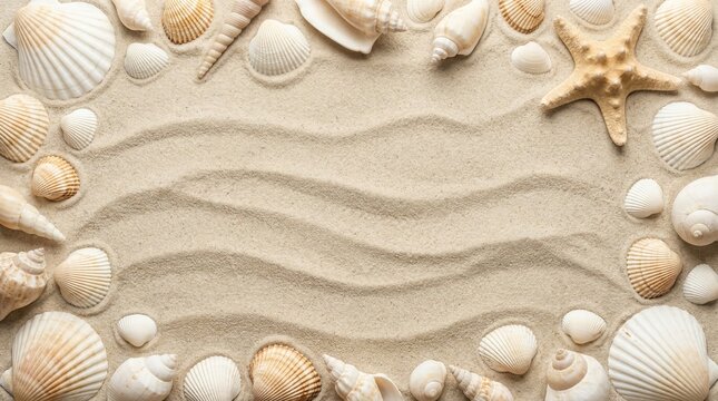 Top View of Seashells and Starfish Frame on Wavy Beach Sand