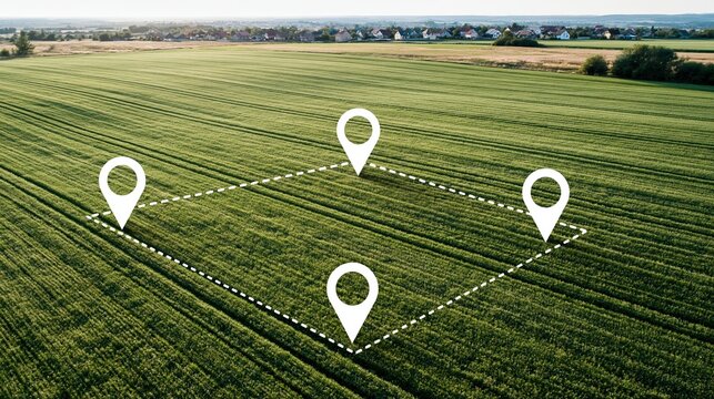 Aerial View of Agricultural Land Marked for Development with Location Pins and Survey Lines