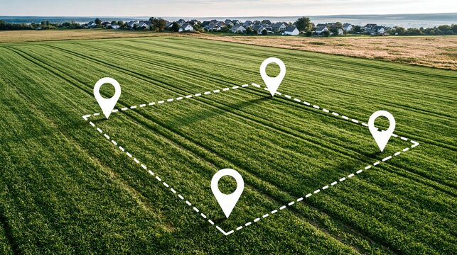 Aerial view of agricultural field with location pins marking a designated area for development or surveying