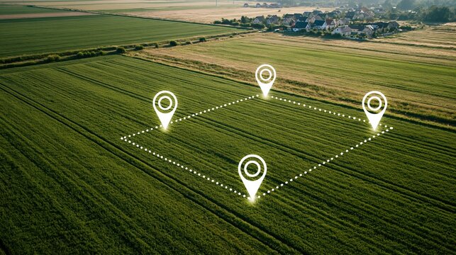 Aerial view of a green agricultural field with digital markers outlining a plot of land, symbolizing surveying and property development