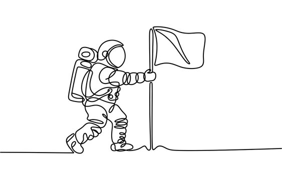 Continuous single line drawing of an astronaut standing on the moon surface and holding a flag in space exploration concept