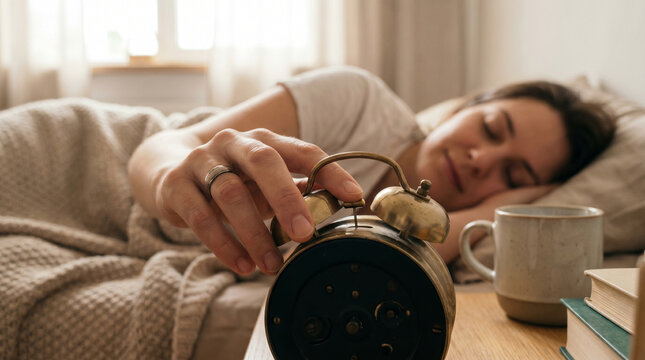 Woman Wakes Up Early Morning Reaching to Turn Off Alarm Clock in Bed