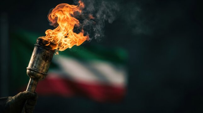 Hand holding a flaming torch against a blurred flag with green white and red stripes