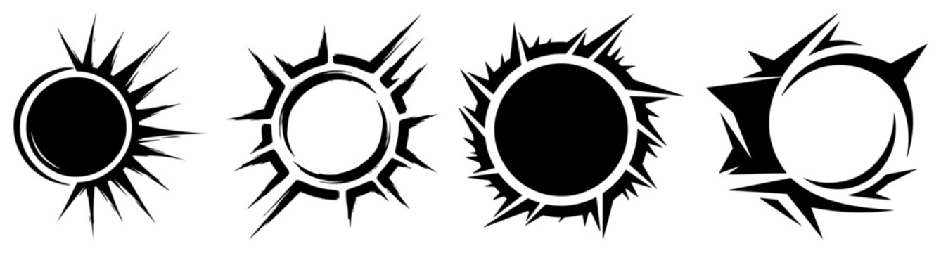 Celestial sun and moon eclipse icons with sharp spikes in dark fantasy style