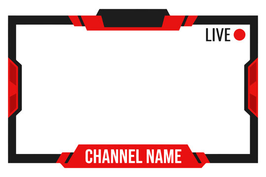 Gaming live stream overlay frame design with red and black modern geometric shapes, featuring a live indicator and a placeholder for your channel name