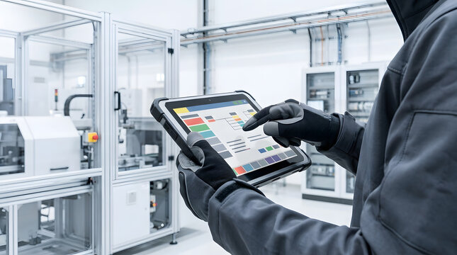 Industrial Worker Operating Tablet with Production Dashboard in Modern Factory Setting