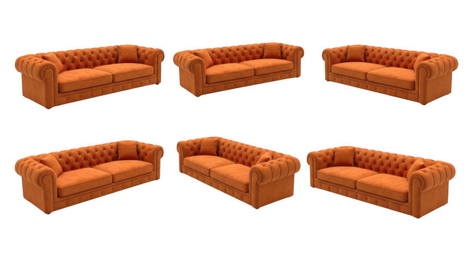 orange chesterfield sofas arranged on a white background furniture options for interior design and decor