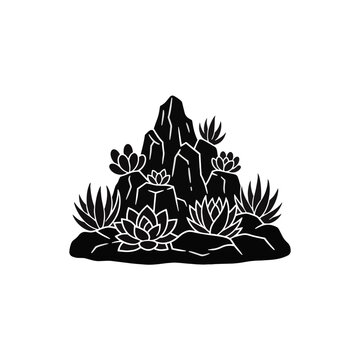Black silhouette of alpine rockery with succulent plants