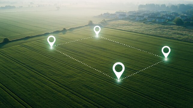 Aerial view of agricultural land with digital map markers outlining property boundaries and future development potential