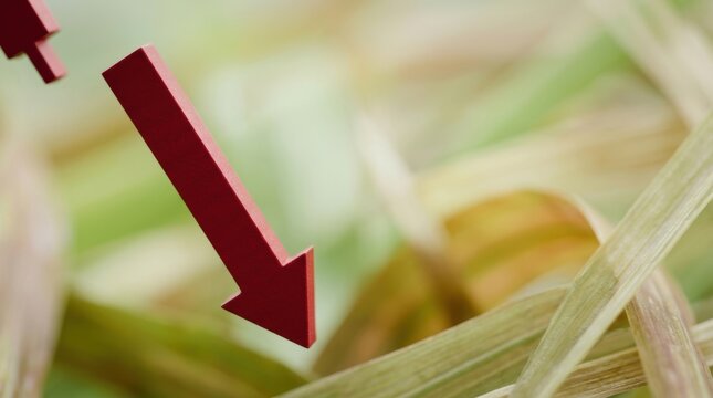A red arrow points downward indicating a decline amidst blurred natural elements
