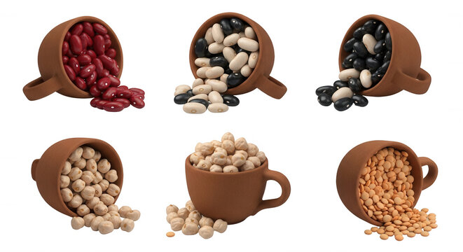 assorted beans spilling from small clay cups on a white surface food visuals