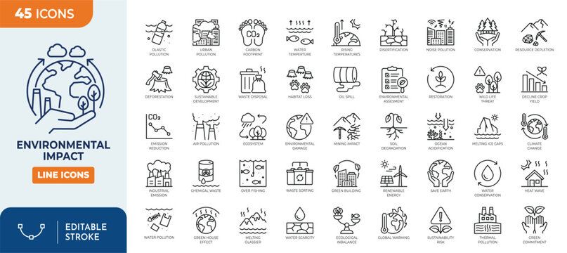 Environmental impact line editable icon set. Containing pollution, deforestation, Environmental Damage, industrial emissions, conservation, land restoration, and more. Vector illustration