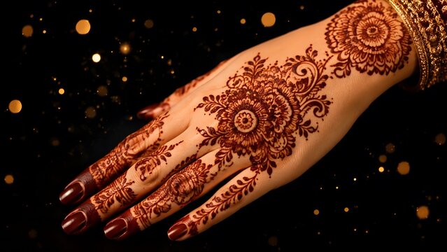 Hand with intricate henna design and golden sparkles