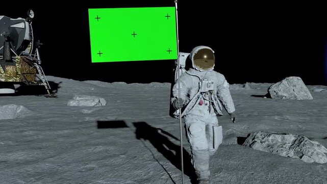 Lunar astronaut walks on the moon with green screen flag, placing a flag pole on the Moon surface, and salutes. You can track and add your flag with your logo. 3d rendering animation.