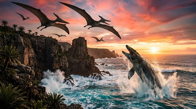 Prehistoric dinosaurs and sea creature at sunset