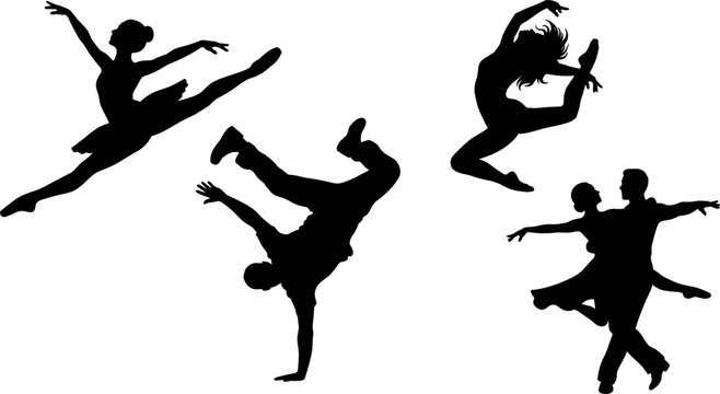 Active Professional Dancers Black Silhouette Vector Set Featuring Ballerina Split Jump Breakdance Handstand Contemporary Leap and Ballroom Couple Performance