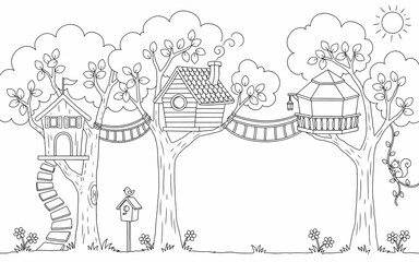 Fototapeta premium Black and white coloring page featuring three whimsical treehouses connected by rope bridges in a forest with a sun and a squirrel, line