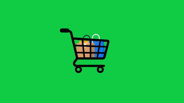 Shopping Cart Icon Animation with Grocery Bags on green  Background, E Commerce Motion Graphic