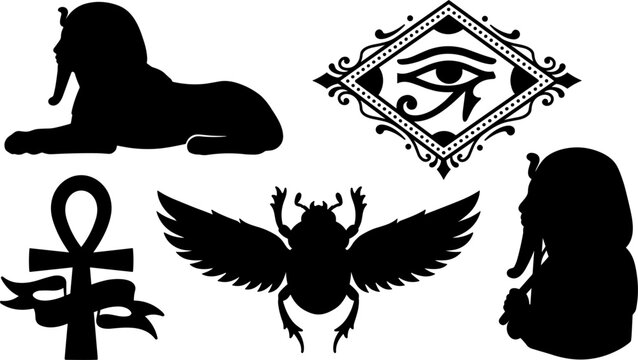 Ancient Egyptian Mythology and History Silhouette Icon Set Featuring Great Sphinx, Eye of Horus, Winged Scarab Beetle, and Sacred Ankh Cross Symbol