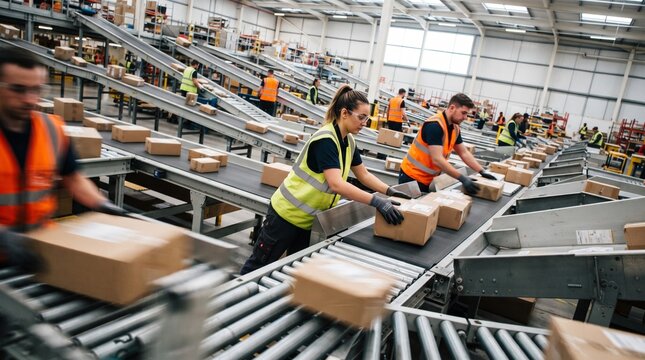 Warehouse Workers Sorting Packages on Automated Conveyor Belts in Logistics Center