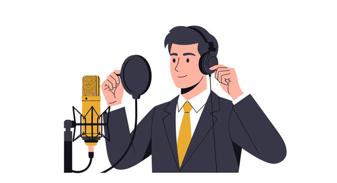 Professional Businessman Recording Podcast or Voice-Over in Studio with Headphones and Microphone Illustration