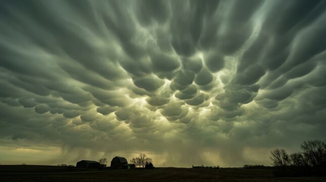 Mammatus Clouds over Rural Landscape, Dramatic Stormy Sky with Heavy Rain and