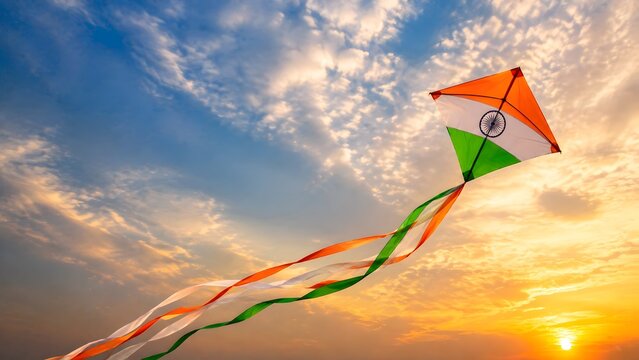 Indian tricolor kite flying high in the sky at sunset