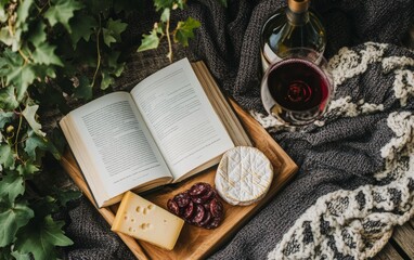 Fototapeta premium Open book on wooden tray with red wine, cheese, and grapes, set against a background of green leaves, creating an inviting atmosphere for relaxation