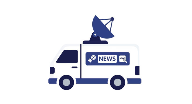 News Van with Satellite Dish for Live Media Broadcasting Flat Vector Illustration