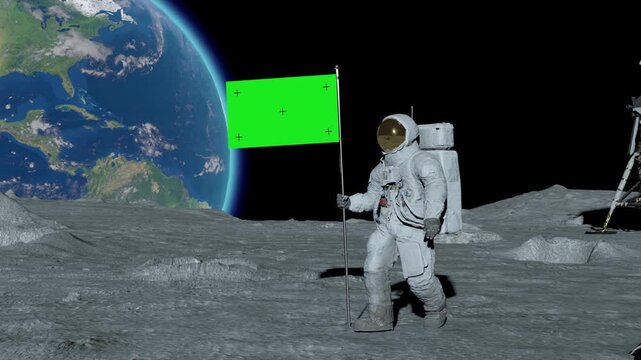 Lunar astronaut walks on the moon with green screen flag, placing a flag pole on the Moon surface, and salutes. You can track and add your flag with your logo. 3d rendering animation.