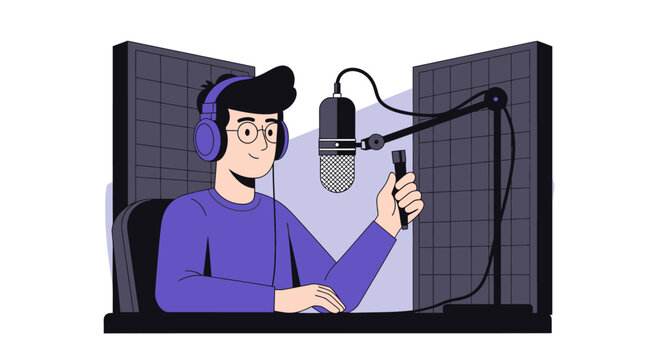 Flat Illustration of a Male Podcaster Wearing Headphones Speaking into a Professional Microphone in a Soundproof Recording Studio for Broadcasting and Voiceover