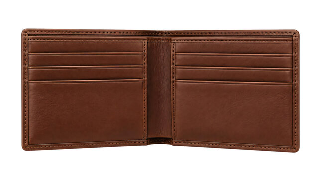 Open brown leather wallet displaying card slots isolated on transparent background