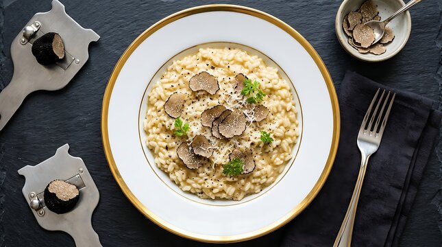 Delicious creamy gourmet risotto topped with shaved fresh black truffle on fine dining plate