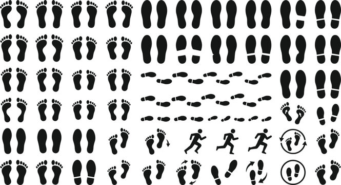 Human Footprint and Shoe Sole Print Silhouette Collection Featuring Barefoot Tracks, Walking Path Steps, Running Men, and Directional Arrow Symbols for Investigation Designs
