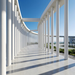 Naklejka premium Modern curved colonnade featuring tall white pillars standing on a clean concrete floor under a bright clear blue summer sky