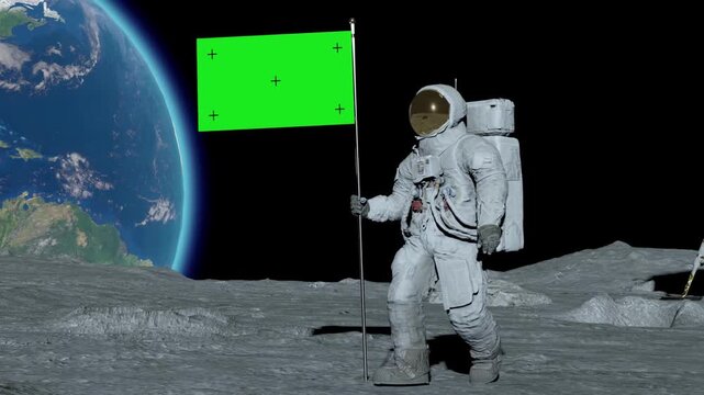 Lunar astronaut walks on the moon with green screen flag, placing a flag pole on the Moon surface, and salutes. You can track and add your flag with your logo. 3d rendering animation.