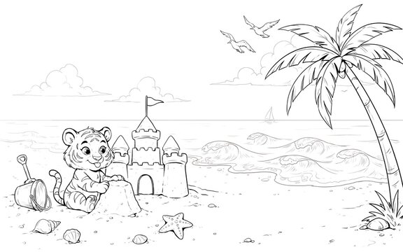 Cute baby tiger playing with a sandcastle on a tropical beach with a palm tree, seashells, and seagulls in the sky, line coloring page
