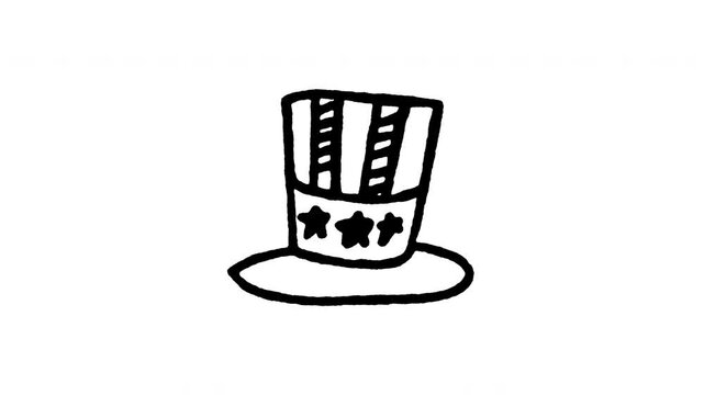 Animated 4K Uncle Sam top hat doodle icon. Hand drawn line art on black and green screen chroma key background for American patriotic hat, stars stripes cap, July 4th dress, and election edits.