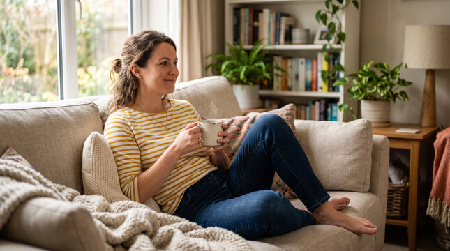 Calm woman lounging on a sofa at home, wearing a striped yellow shirt and blue jeans, holding a warm mug in soft natural light, creating a cozy lifestyle moment of relaxation, warmth, and everyday com